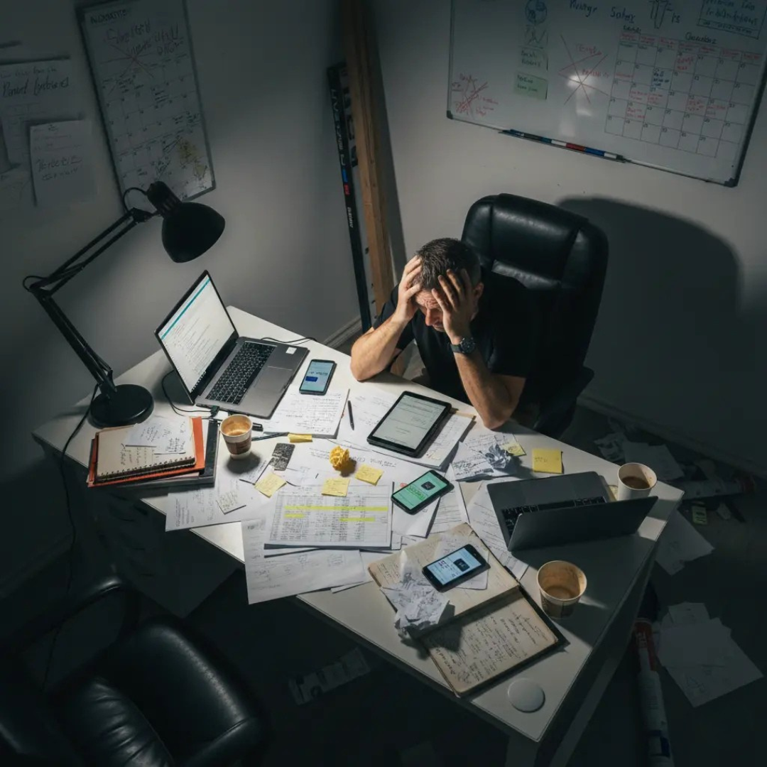 Overwhelmed contractor at desk